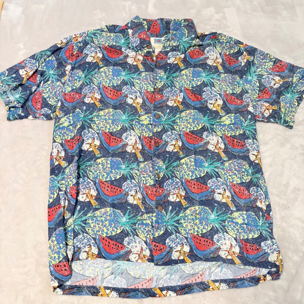 Avi Kahala Tropical Fruit Print Button Down Shirt Mens Blue Large Rayon Hawaiian